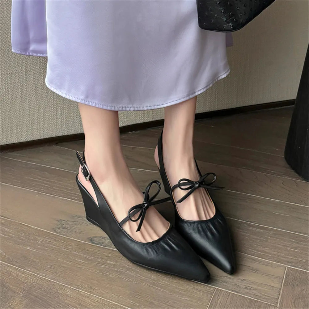 Genuine Leather Slingbacks Pumps Pointed Toe Silver Black Wedges Heels Shoes Woman Summer Pumps