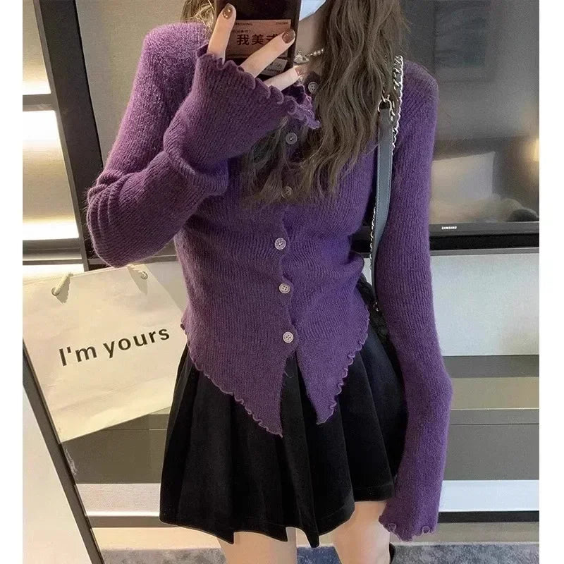 Autumn Hotsweet Long Sleeve Single Breasted Cardigans Gyaru Color Knitting O-neck Sweater