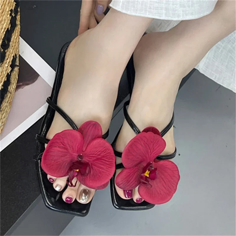 Summer Flower Narrown Band Low Heels Slippers Square Toe Beach Shoes Size 3543