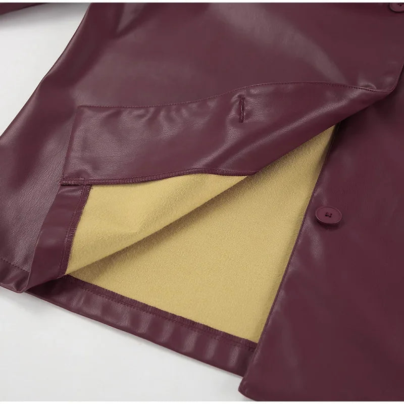 Burgundy Faux Leather Jackets Moto Biker Lapel Zipper Long Sleeve Female Coats Spring Lady Street Outwear