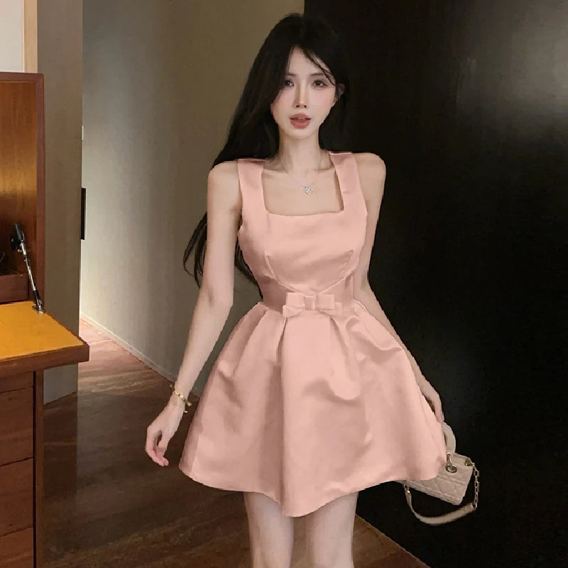 Dresses Sweet Square Collar Bow Sleeveless Slim Ball Gown Mini Dress Temperament Spring