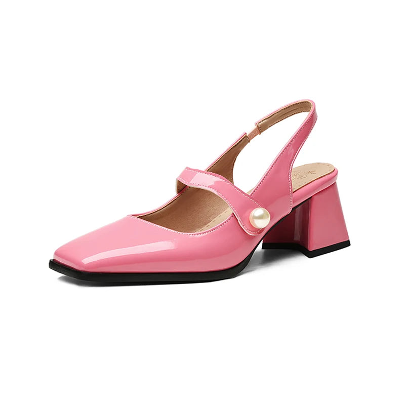 Pumps Slingback Sandals Square Toe Patent Leather Block High Heeled Mary Jane Shoes Gold Silver