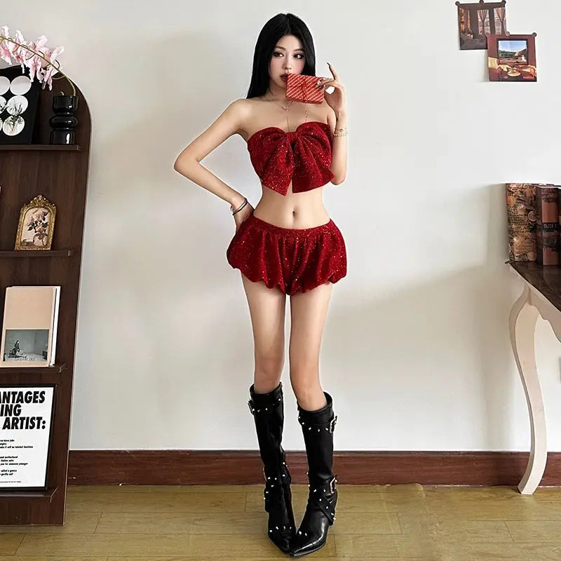 Summer Christmas Hot Girl Bow Strapless Slimming Crop Top Tube Top Shorts Set Spicy Two Piece Sets Outfits