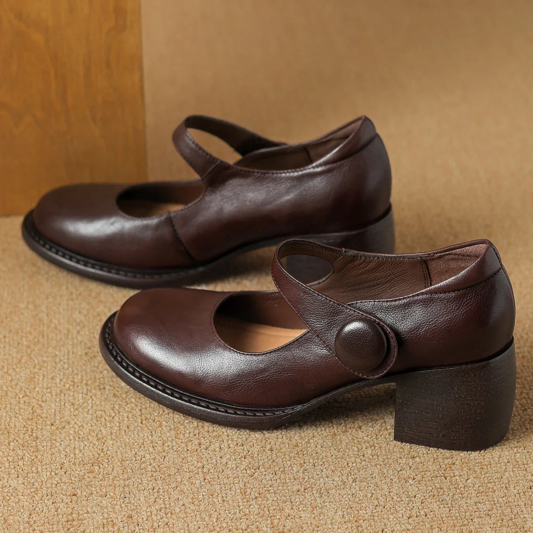 Cow Leather Chunky Heel Round Toe Slipon Mary Jane Pumps Soft Comfortable Retro Female Four Season Shoes