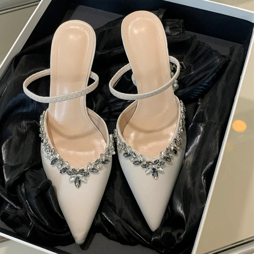 Spring Summer Pointed Toe Slippers Crystal Thin Heels Party Dress Mule Shoes
