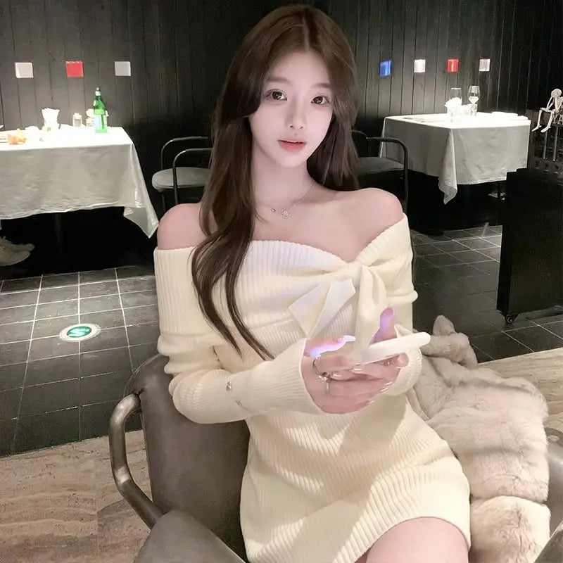 Knitted Dresses Slash Neck Bow Slim Stretch Off Shoulder Winter Spring Party Sweater Dress Sweet