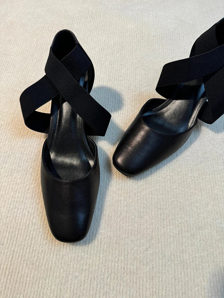 Sshoes Square Toe Thick Middle Heel Cross Elastic Cowhide Color Office Shallow Single Shoes