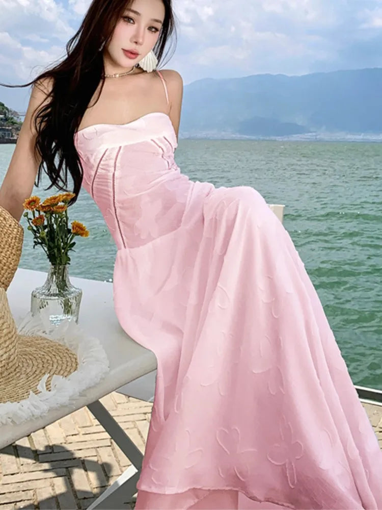 Sweet Pink Long Dresses Spaghetti Strap Laceup Princess Evening Party Dress Summer Holiday Aline Vestidos Robe