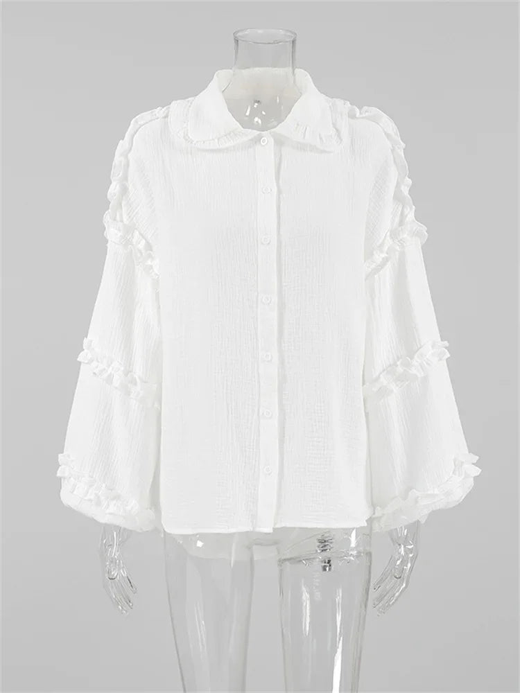 Ruffled White Loose Shirts for Long Sleeve Autumn Outwear Female Shirts Coat Summer New