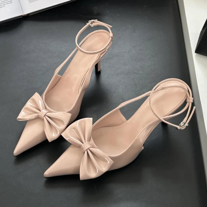 Bowknot Pointed Toe Ankle Strap High Heeled Shoes Brand Designer Thin High Heel Backless Sandals Sweet Pumps