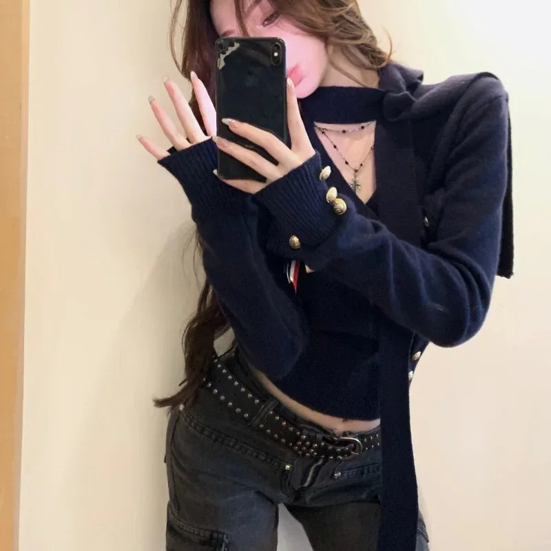 Vneck Button Color Long Sleeve Cardigan Autumn New Korean Laceup Slim Knitted Crop Tops