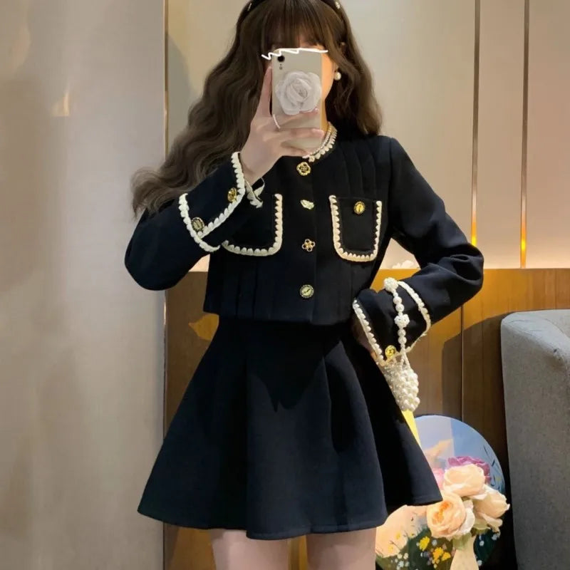 Autumn New Two-piece Skirt Sets Korean Crop Jacket Coat Mini Skirt Female Clothing Y2k Outfits