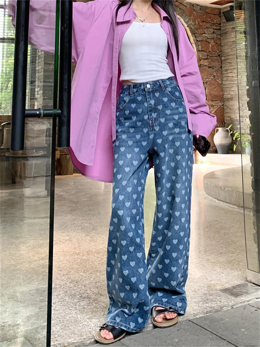 Loose Jeans Hearts Summer Pants Summer Denim High Waist Slim New Wide Leg All Match