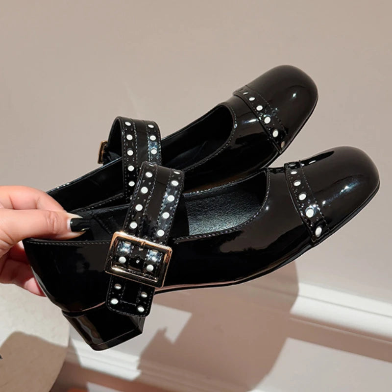 Sweet Patent Leather Buckle Strap Mary Jane Shoes New Round Toe Dress Pumps Shoes Brand Designer High Heels