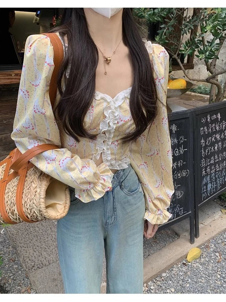 Blouse Printed Ruffles Square Collar Sweet Long Sleeve Crop Tops French Style Spring Tops
