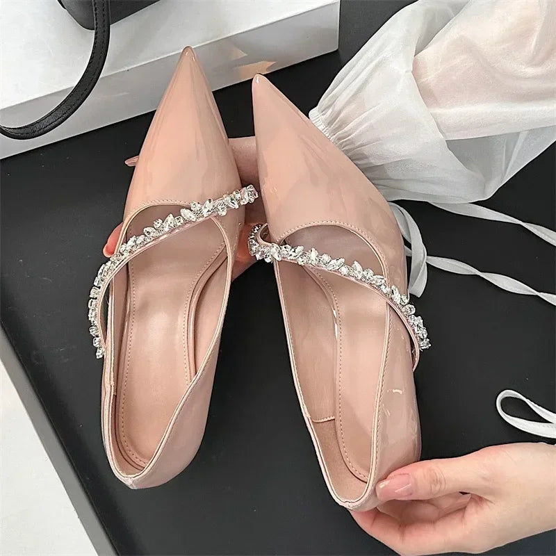 Rhinestone Decoration Pumps Pointed Toe Patent Leather Thin High Heels Party Dress Mules Shoes