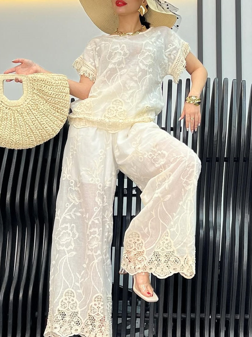 Lace Crew Neck Pants