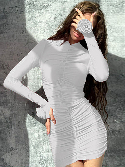 Slim Pleated Mini Dress ’s Long Sleeve High Waist Y2k Dress Female Autumn Clothes Mini Dress