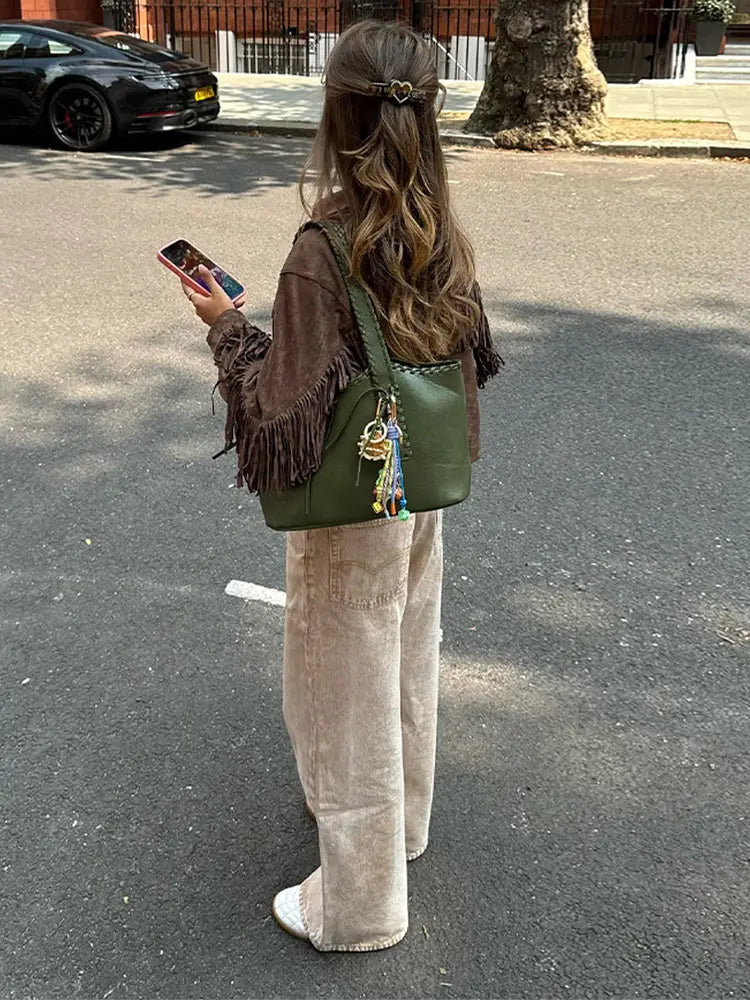 Tassels Patchwork Long Sleeve Suede Jacket Lapel Single Breasted Slim Short Coats Autumn Lady High Street Top