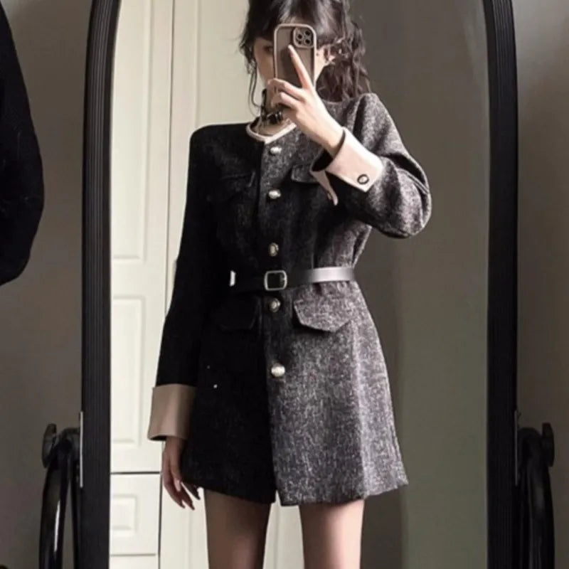 Autumn Winter Mini Dresses for With Belt Turn-down Collar Patchwork O-neck Korean Blazer Dress Vestidos
