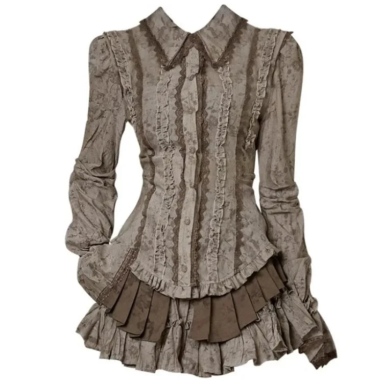 Lapel Neck Lace Shirts Autumn New Slim Fit Ruffles Blouses Y2k Grunge Long Sleeve Blusas Mujer Dress