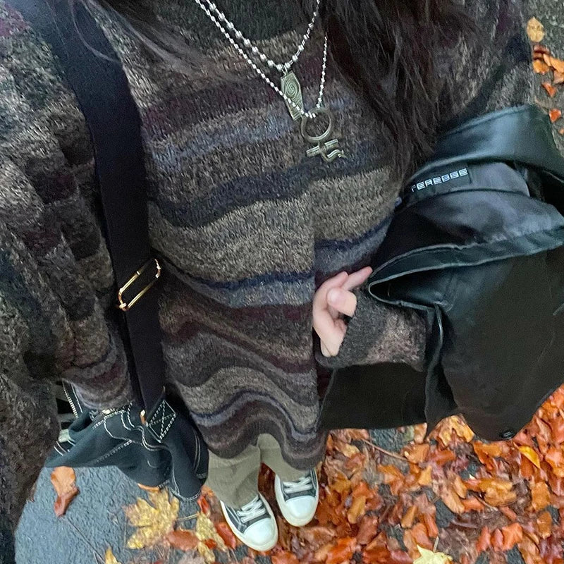 Preppy Grunge Retro Striped Knitted Sweater Autumn O Neck Full Sleeve Jumpers Fairycore Y2k Aesthetics Grandpa Pullovers