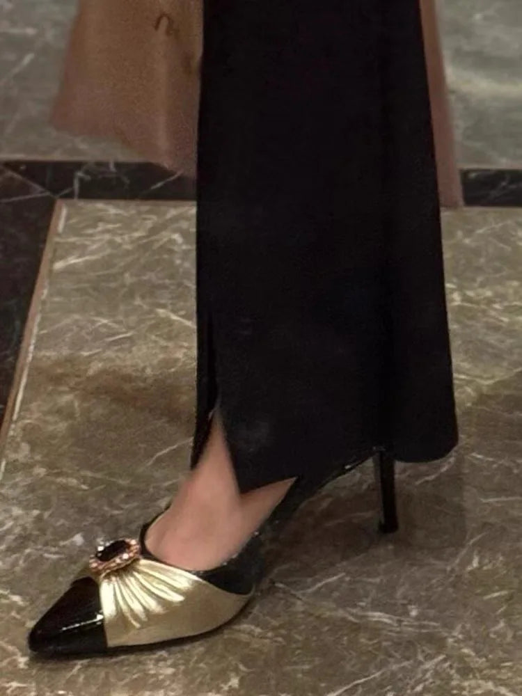 Gemstones Sandals Pointy Toe High Heels Patent Leather Patchwork Golden Strap Summer Causal Shoes Party