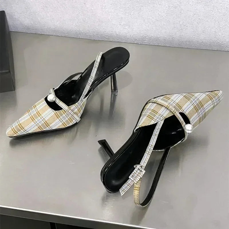 Pointed Toe Retro Plaid High Heels Slingbacks Shoes Pumps Office Dress Shoes Sandalias De Mujer