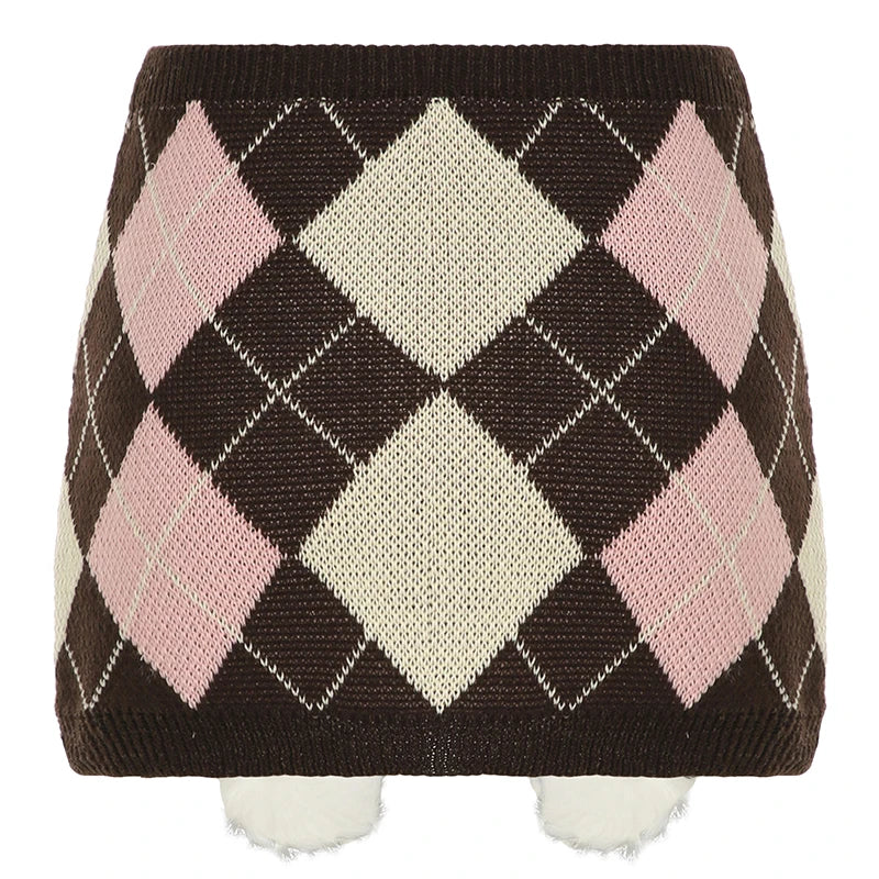 Autumn Knitted Sweet Rhombus Plaid Skirts Plush Ball Lace Up Bow Mini Skirts