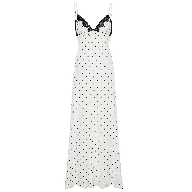 French Style Polka Dot Print Long Dress Coquette Aesthetic Contrast Color Lace Patchwork Sleeveless Sundress Holiday