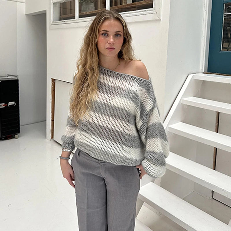 Stripe Loose Lazy Knitting Sweater Female Versatile Long Sleeves Pullover Sweater Autumn Winter Outwear Top