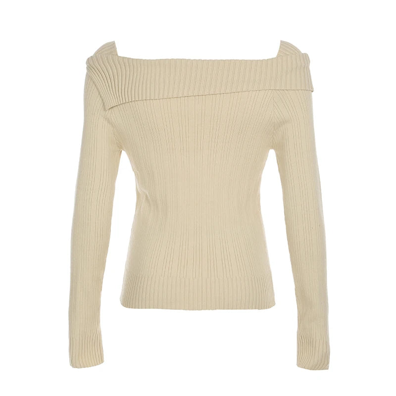 White Autumn Winter New Sweater Long Sleeve Y2k Retro Heart Print Top Off Shoulder Hotsweet Slim Pullovers