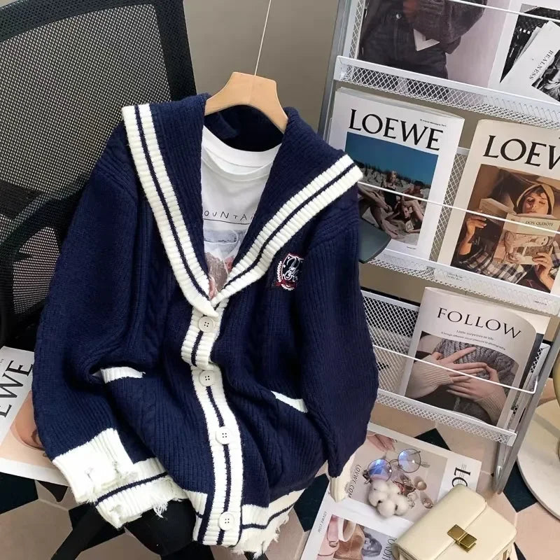 Sailor Collar Knitted Cardigan Oversized Preppy Style Sweaters Coat for Korean Style New