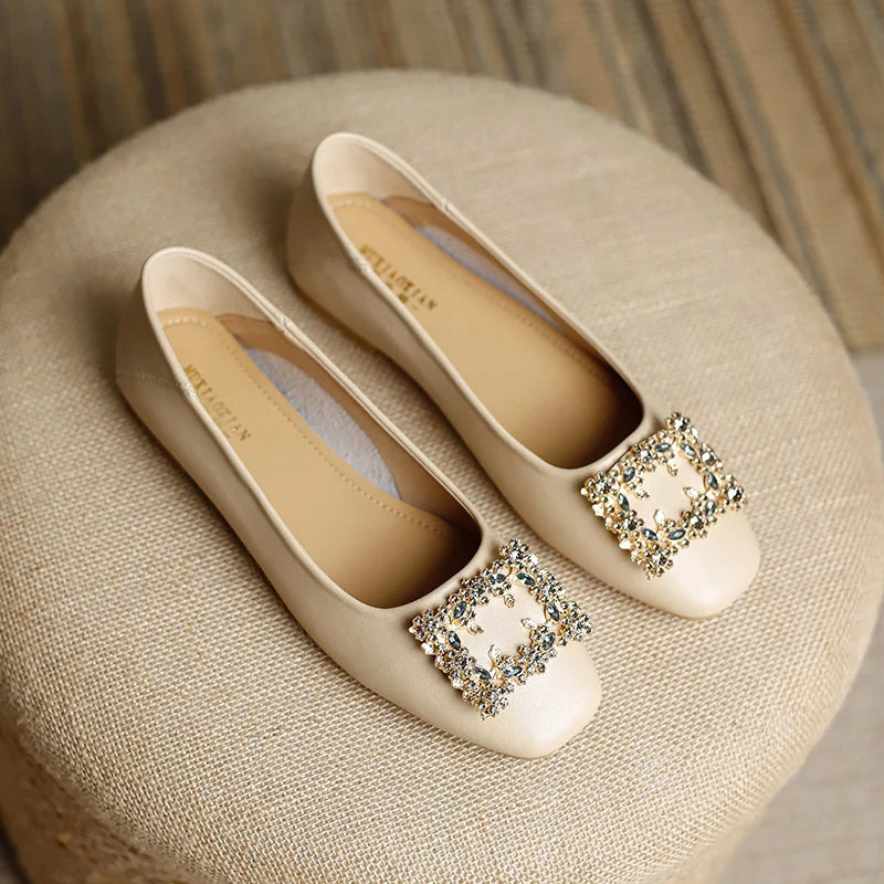 Rhinestone Lace Square Buckle Square Closed Toe Slip on Flat Shoes , Work Driving Walking Wedding