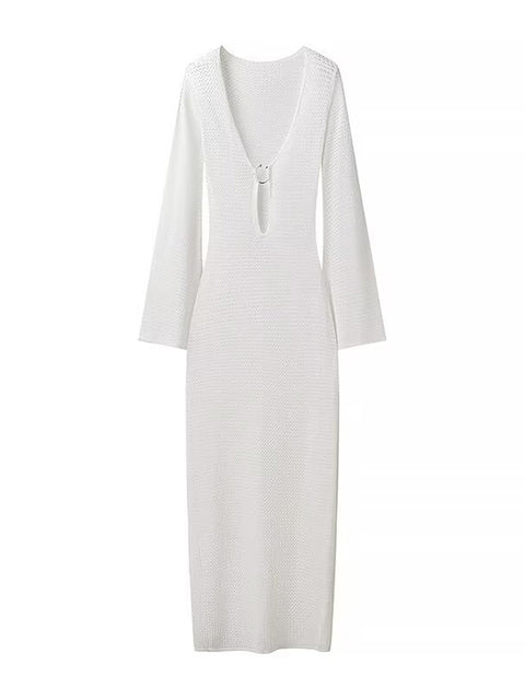Knit Hollow Out Autumn Dress Female See-through V-neck Backless Beach Holiday Maxi Dress Knitwear ’s Dress New