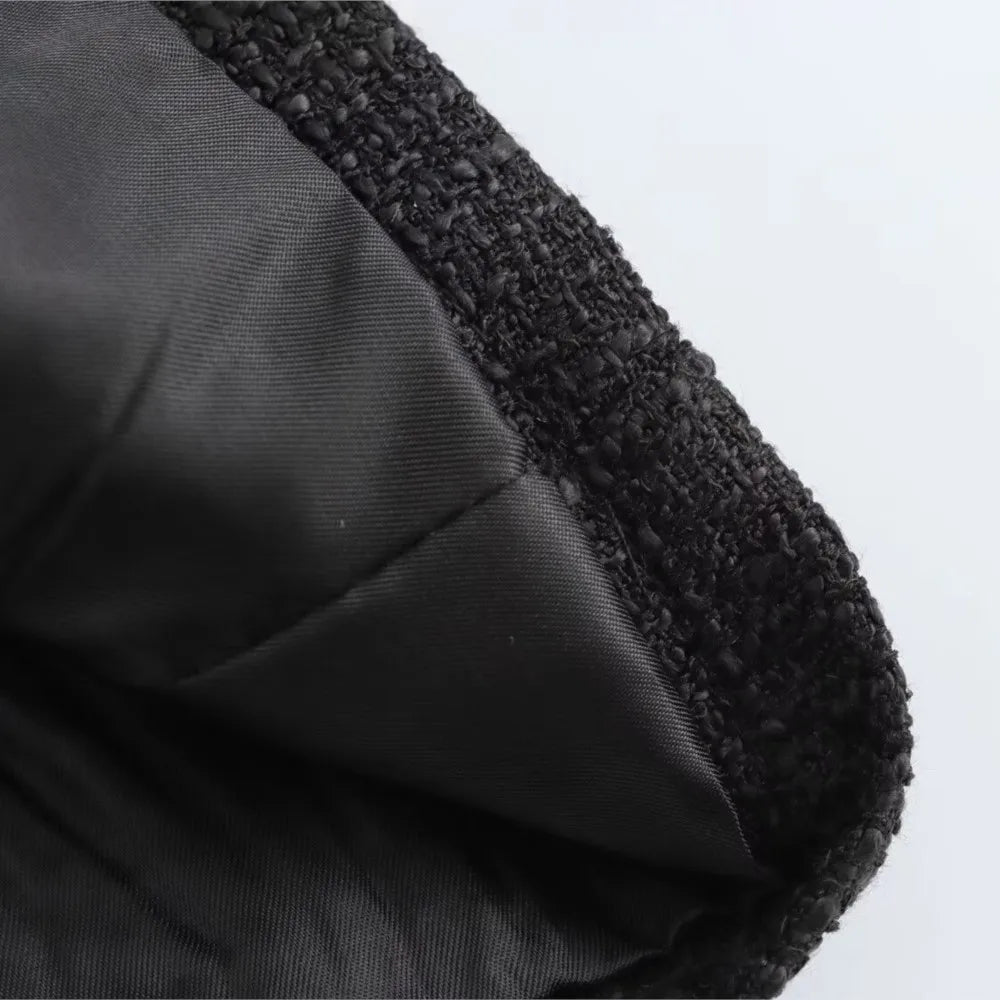 Autumn O Neck Soft Woolen Black Tweed Coat Cropped Front Pocket Single-breated Buttons Short Blazer Jacket