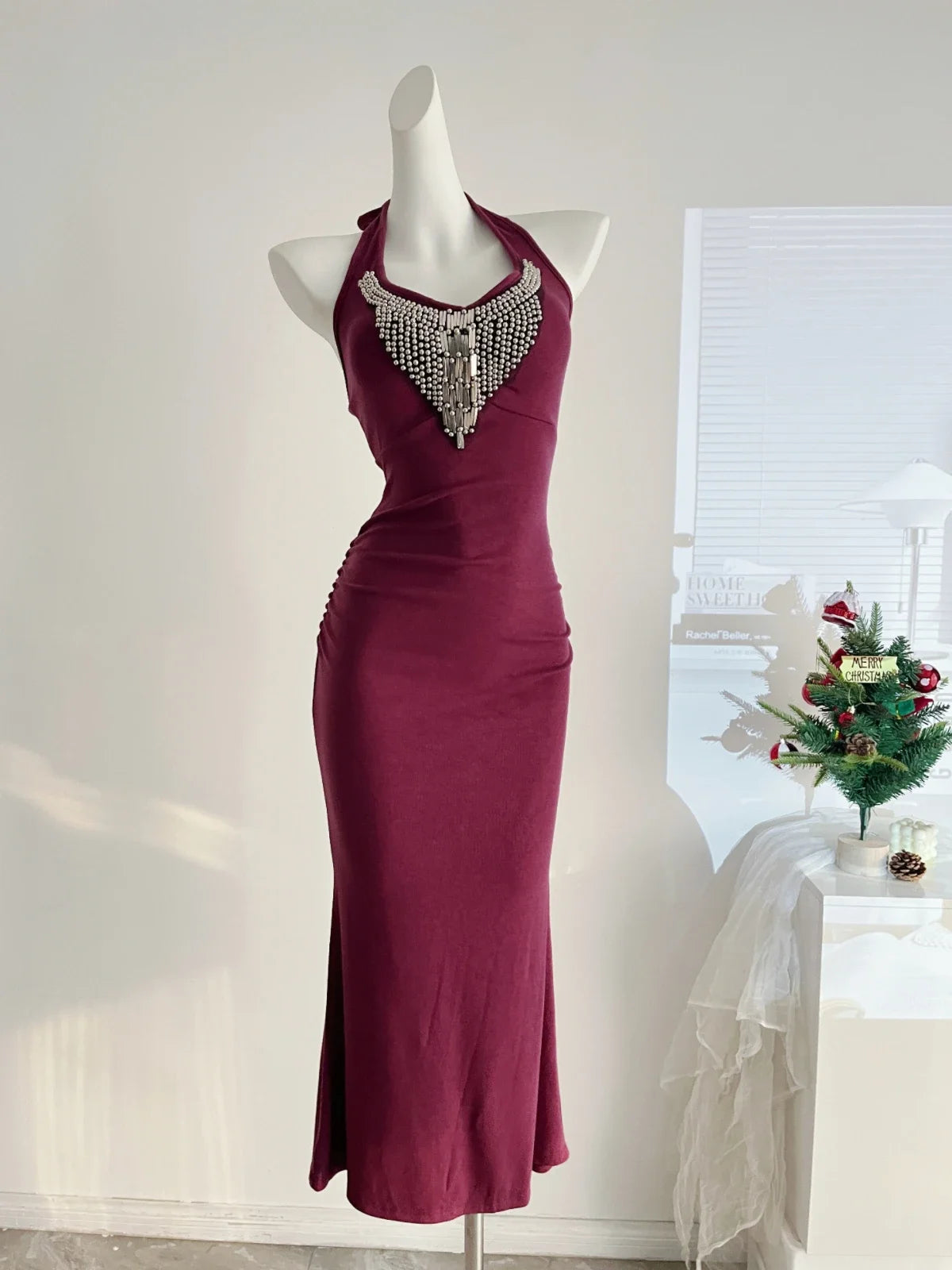Sweet Hot Girl Diamond Halterneck Dress for Autumn Slim Fit Wrap Hip Mermaid Long Dress Female Clothes
