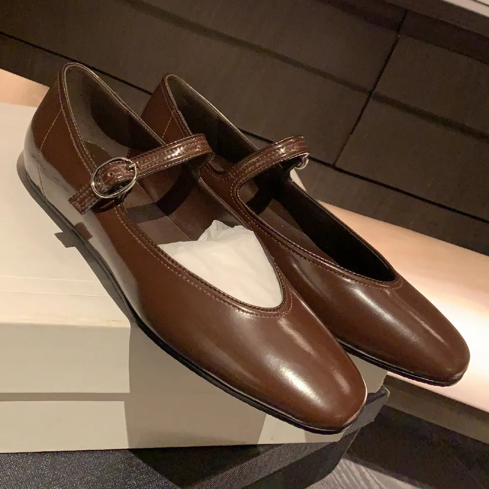 Genuine Leather Sqaure Toe Mary Jane Ballet Flats Leisure Soft Comfortable Female Ballerians Espadrilles Shoes