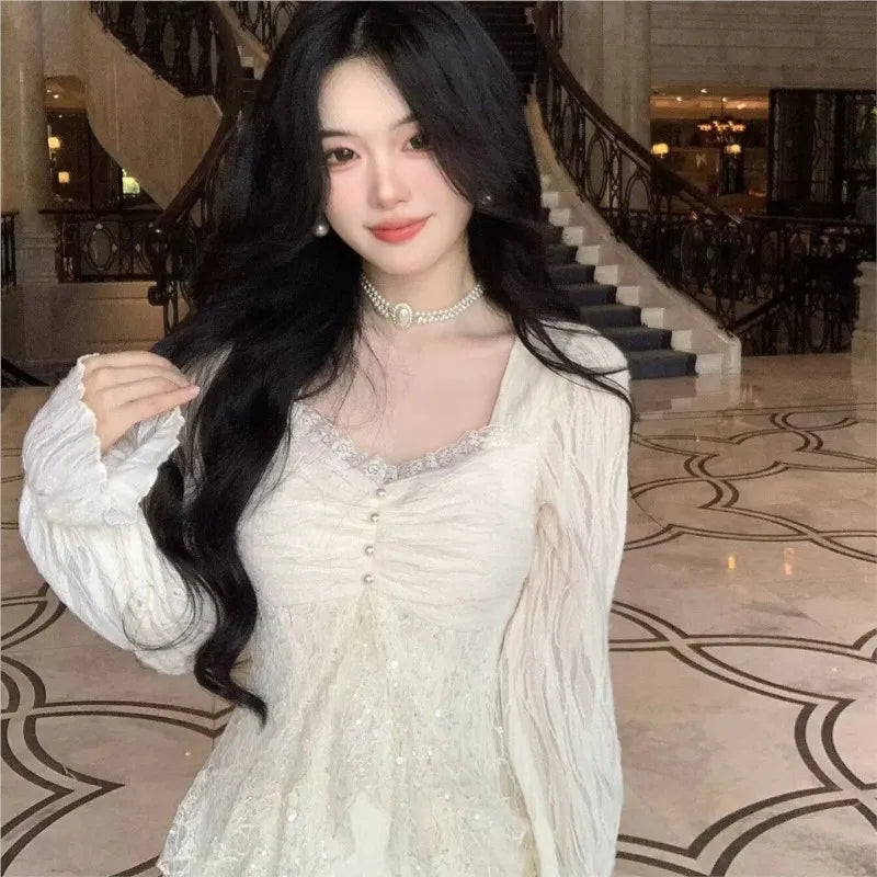 Autumn Winter New Midi Dresses for Lace Ruffles Flare Sleeve A-line Birthday Party Dress Korean Vestidos Mujer