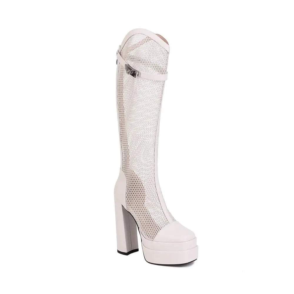Brand Design Metal Lock High Chunky Heel Double Platform Round Toe Kneehigh Cool Mesh Boots Dance Shoes Size 3346