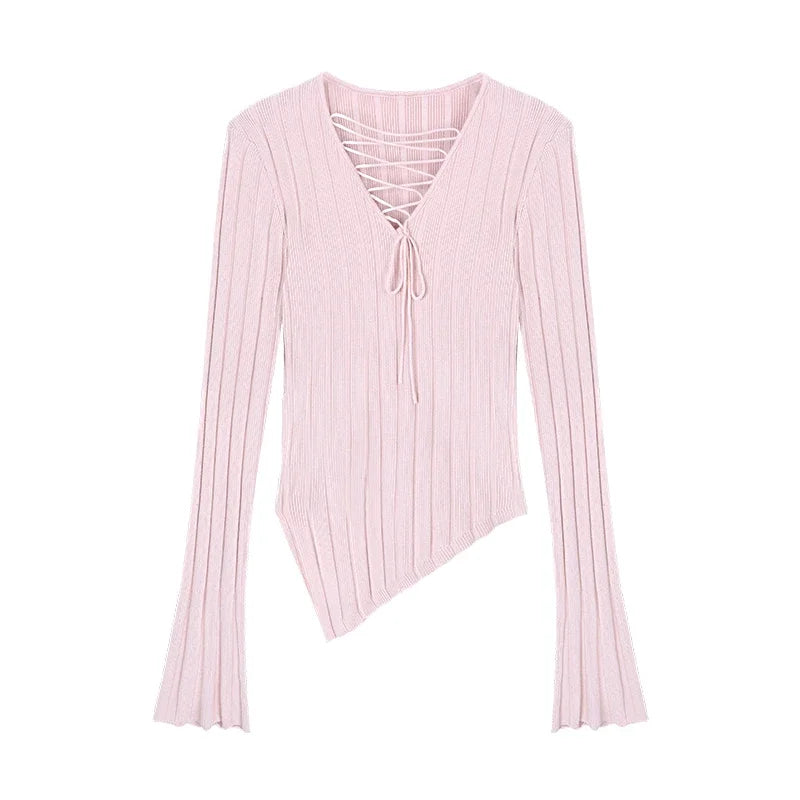 High Street Color Irregular Long Sleeve Sweater Spring New Vneck Laceup Slim Thread Knitted Tops
