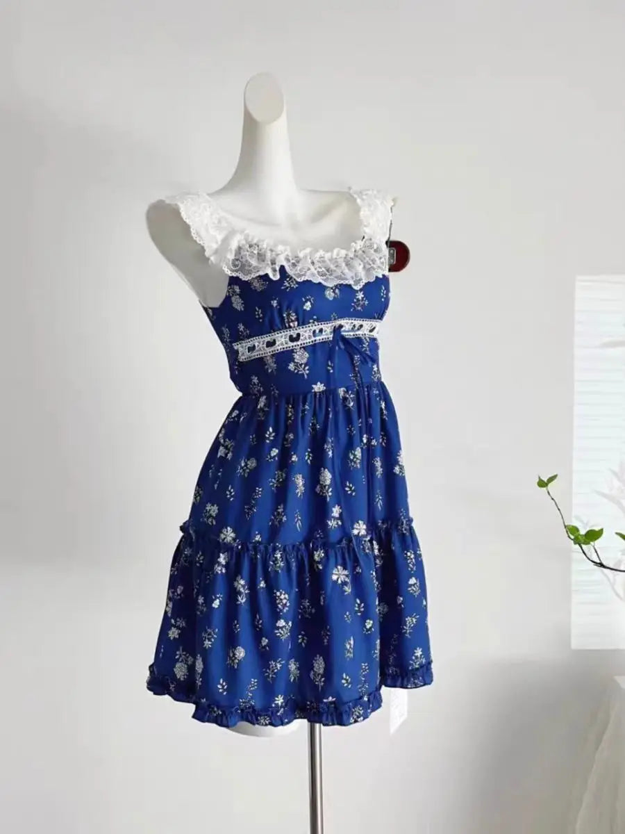 Bule French Lace Party Dress Sweet Backless Midi Dress Summer Korean Sleeveless Dress