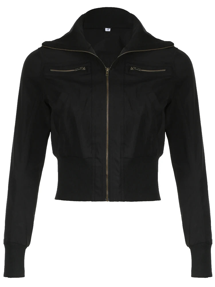 Korean Street Style Black Zip Up Turtleneck Slim Long Sleeve Bomber Jackets for Autumn New Gothic Outwears