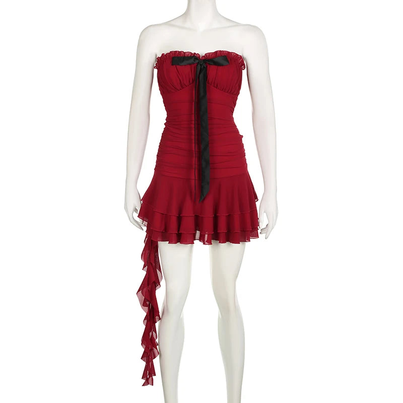 Milkmaid Tube Dress Red Contrast Color Bow Patchwork Strapless Tiered Ruffle Mini Dresses Holiday Party Robe