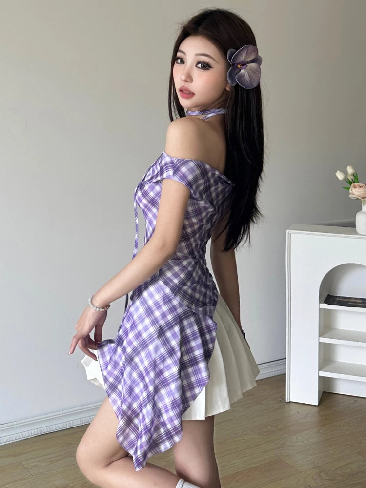 Y2k Aesthetic Sleeveless Plaid Blouse Summer Laceup Shirts Japanese Sweet Irregular Tees