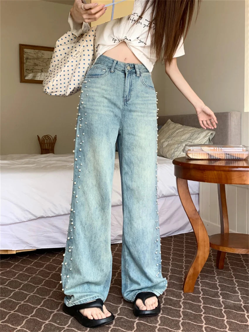 Summer Straight Jeans Pearls Wide Leg Mopping Light Washed High Waist New Denim Pants