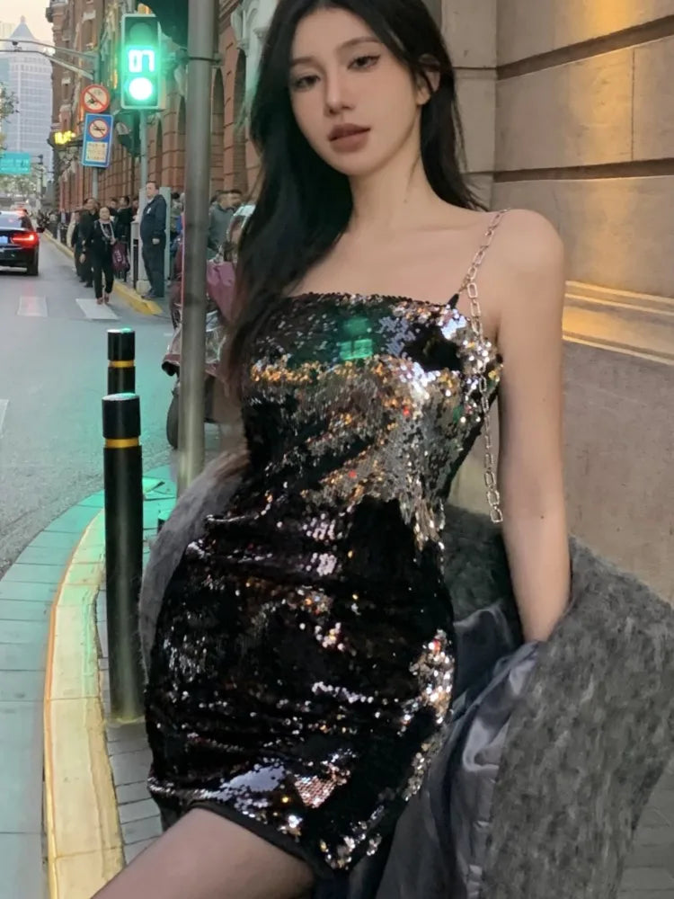 Mini Dress Autumn Winter Trend Sequins Spaghetti Strap Dresses Slim Hot Girl Evening Party Clothing