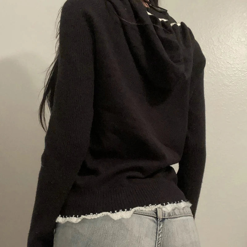 Y2k Zip Up Sweater With Hooded Slightly Thick Autumn Winter Lace Trim Pocket Knit Coat Slim Contrast