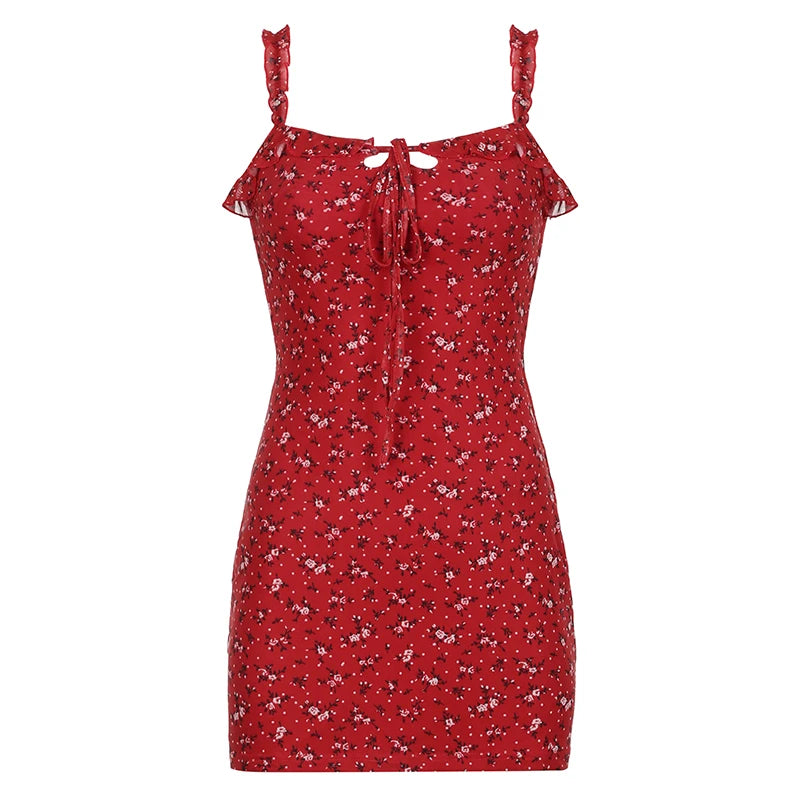 Print Sleeveless Mini Dress Red Fairycore Aline Sundress for Holiday Party Outfits Y2k Robe
