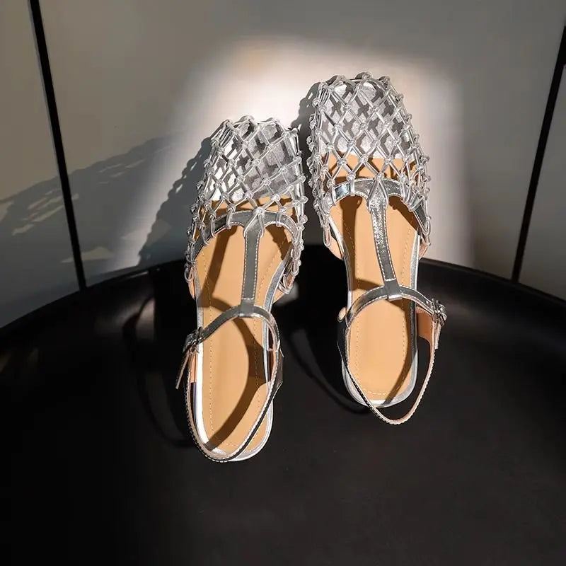 French Retro Hollowed Out Mesh Sandals Square Toe Sandals for Back Hollow Buckle Strap Flat Shoes Summer